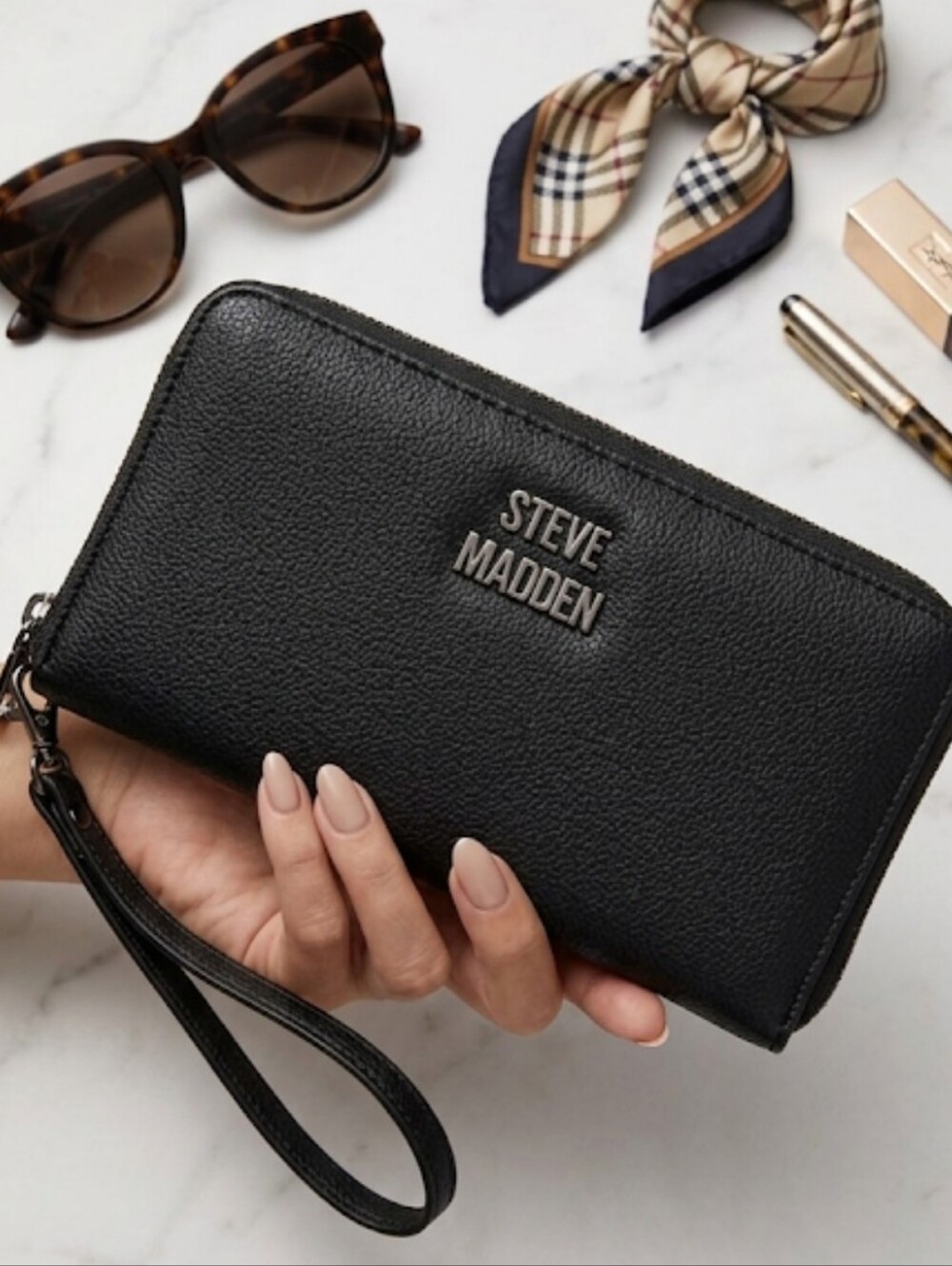 Brand New Never Used -Steve Madden Black Pebbled Zip Wristlet